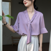 2024夏季紫色短袖，雪纺衫女垂感韩系飘带上衣温柔风衬衫