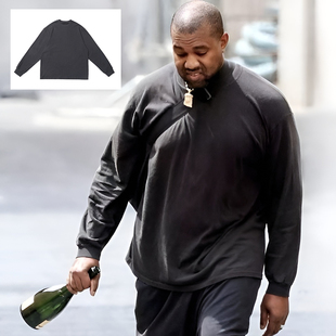 重磅Kanye 侃爷同款深灰色长袖T恤打底小领口高街嘻哈纯棉