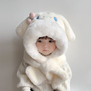 女宝宝毛绒帽子围巾一体帽冬季超萌可爱卡通小兔婴儿童护耳防风帽