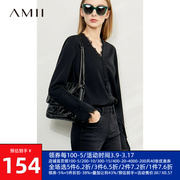 Amii2023秋季V领衬衫女高级感衬衣蕾丝拼接上衣黑色雪纺衫