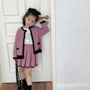 女童春秋小香风毛衣套装儿童韩版撞色针织外套百褶裙两件套