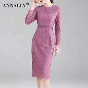 Annally春季法式优雅气质修身中长款打底粉色蕾丝连衣裙