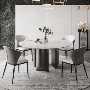 意式亮光岩板圆形餐桌家用内嵌转盘不锈钢饭桌现代简约餐桌椅组合