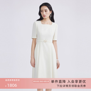 lime莱茵24年春夏方领连衣裙米，白色优雅通勤收腰时尚职业裙子