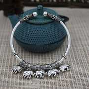 泰国清迈手工银复古大象手镯 纯银开口空心吉祥象手环