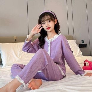 长袖女童睡衣套装春秋季韩版女孩家居服开衫花边，中大童空调服
