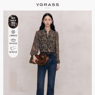 VGRASS法式复古真丝印花气质衬衫女春季高级感荷叶边卷边工艺