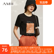 amii2024夏圆领(夏圆领)短袖几何，抽象印花t恤女百搭冰瓷棉弹力上衣
