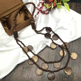 波西米亚民族风复古毛衣链咖啡色椰壳木珠中长款女士圆珠吊坠项链