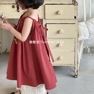 女童复古红色无袖吊带裙夏季韩系童装女宝宝棉布裙连衣裙洋气