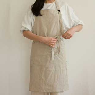 日系文艺复古棉麻围裙工作室花艺简约小清新厨房调节肩带罩衣家用