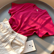 韩版修身玫红色t恤女短款短袖体恤夏季圆领纯色，正肩高级感上衣服