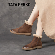 TATA PERKO联名雪地靴女2024年冬季复古圆头短靴平底保暖棉靴