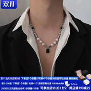 珍珠黑宝石钛钢项链女小众设计感高级锁骨链男毛衣链2021年新款潮