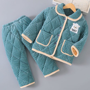 儿童睡衣秋冬季珊瑚绒加厚三层夹棉男孩女童男童法兰绒家居服套装