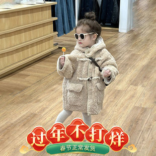 2023冬季韩版男女童宝宝宽松连帽牛角，扣大衣儿童，毛绒外套保暖上衣
