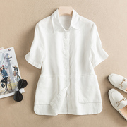 夏季白色亚麻衬衫女短袖上衣气质显瘦简约百搭棉麻，半袖衬衣女
