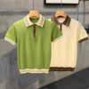 时尚异色拼接色螺纹针织，polo衫男法式浪漫个性，荧光绿男士t恤短袖