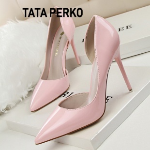 TATA PERKO联名正装通勤2024裸色侧空尖头细跟鞋超高跟OL女鞋