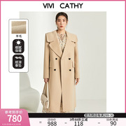 VIVI大码女装气质复古杏色宽松全羊毛外套中长双面呢大衣