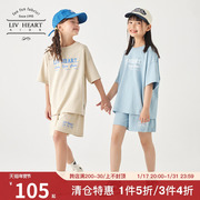 日本LIVHEART女童2024纯棉运动套装儿童短袖T恤短裤女大童夏