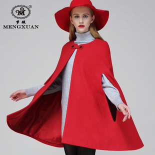 纯色羊毛呢斗篷外套女士秋冬中长款英伦驼色红色披肩气质短款大衣