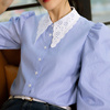 衬衫女蓝色条纹蕾丝娃娃领设计感小众泡泡袖衬衣2024春季上衣