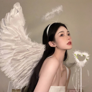 天使精灵翅膀cos白色羽毛，万圣节圣诞节装饰女服装，穿搭套装道具