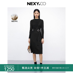 nexy.co奈蔻黑色羊毛，针织裙子收腰女冬时尚通勤方领连衣裙
