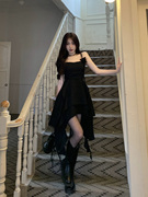 吊带连衣裙小众黑色无袖收腰显瘦气质不规则短裙高级感甜美小黑裙