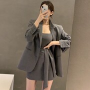韩国chic气质翻领宽松长袖西装，短外套+绑带，收腰背心连衣裙套装女