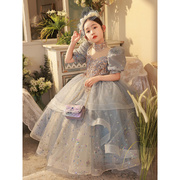 蓝色公主裙女童高端礼服洋气，儿童主持人花童婚礼小女孩钢琴演出服
