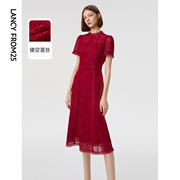 朗姿法式蕾丝时尚镂空红色，连衣裙女春夏气质，高级感中长款裙子