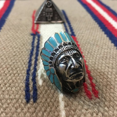 1970szuni美国印第安部落绿松石镶嵌酋长头像纯银古董戒指男17码