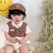 韩国婴儿衣服夏季薄款包屁洋气短袖竖条，假两件哈衣男宝宝连体哈衣