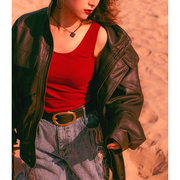 vintage经典魅力暗红复古90年代宽肩带u型领上衣年代感好搭配