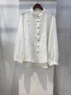18376木耳花边领刺绣双层棉纱，长袖白衬衫灯笼，袖单排扣t恤防晒开衫