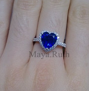 蓝宝石欧美海洋之爱心形T家彩色同款戒指环925纯银饰品送女友礼物