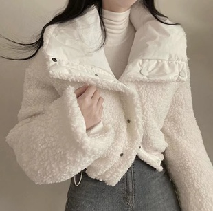 韩国chic冬季仿羊羔毛翻领(毛，翻领)短款棉服，宽松加厚两面穿长袖面包服外套