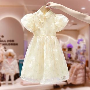 女童洋装夏季2024儿童连衣，旗袍汉服白色，泡泡袖夏装公主裙子薄