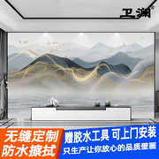 新中式现代客厅壁纸轻奢金色水墨山水飞鸟中国风壁画电视背景墙纸