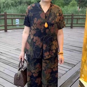 阔太太高端大气中老年夏装短袖气质真丝两件套大码妈妈装洋气套装