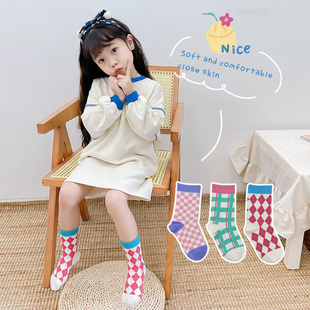 春夏季女童中筒袜糖果，色潮袜菱形格，棉袜宝宝彩色方格棉袜儿童袜子