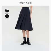 VGRASS精致黑色羊毛百褶裙女春高级感a字半身裙VSB2O31350