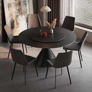 岩板圆形餐桌椅带转盘意式极简小户型现代简约轻奢家用黑色饭桌