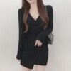 韩国ins秋季交叉v领一片式，不规则系带，收腰修身针织连衣裙包臀短裙