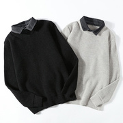 秋冬季衬衫领假两件衬衫毛衣男士韩版潮流，个性保暖针织打底羊毛衫