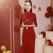 秋季款旗袍敬酒服新娘结婚礼服女新中式订婚长袖连衣裙红色回门服