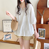 白色娃娃衫上衣女2024年韩版圆领套头甜美波浪，纹纯色中袖衬衫