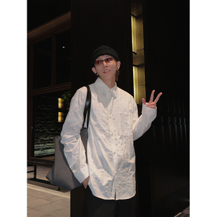 costfulro设计感镂空领长袖衬衫男提花纹理，秋季纯棉白色衬衣